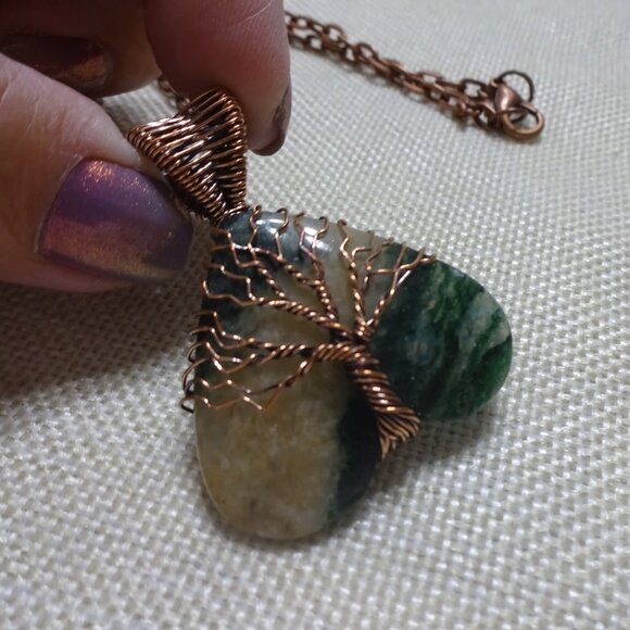 Rustic MOSS AGATE Handmade COPPER WIRE-WRAPPED TREE Pendant/Chain #202C - Picture 3 of 3